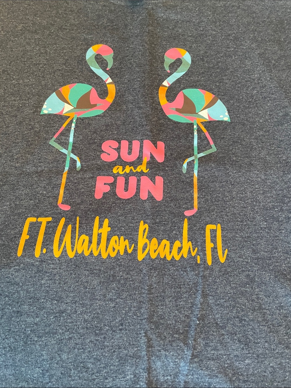 Gildan Gray "Sun and Fun" Flamingo Graphic Tee - Pink, Yellow, Teal